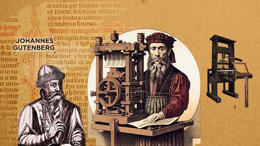 Ilustración de Johannes Gutenberg y la imprenta, el inventó que mejoró gracias a los tipos móviles