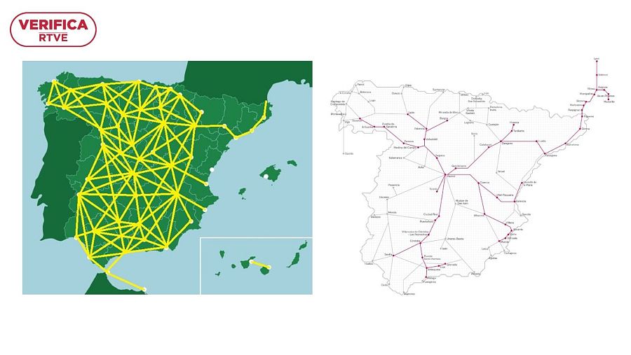 A la izquierda, el mapa falso de las líneas de alta velocidad y a la derecha, el mapa oficial de Renfe con las líneas de AVE en color morado con sello VerificaRTVE en rojo