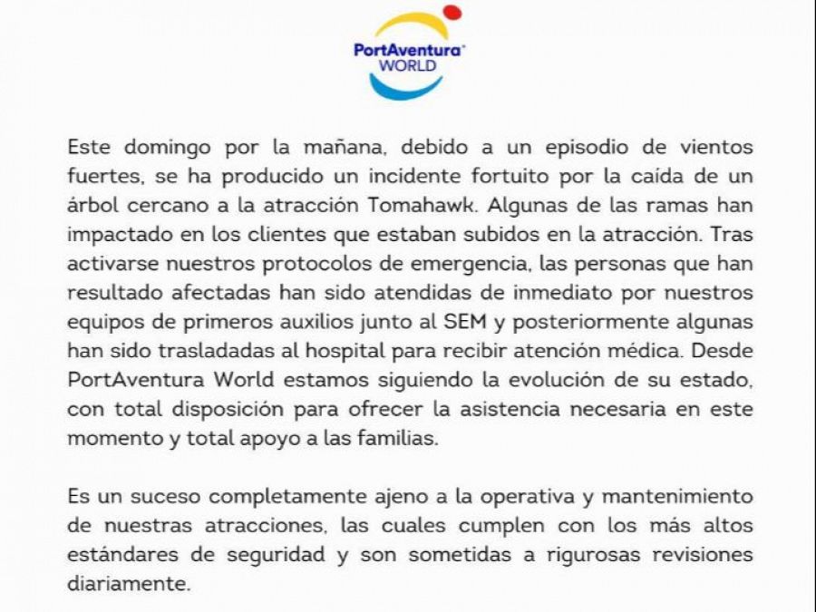 Comunicat de Port Aventura sobre l'accident a una muntanya russa del parc