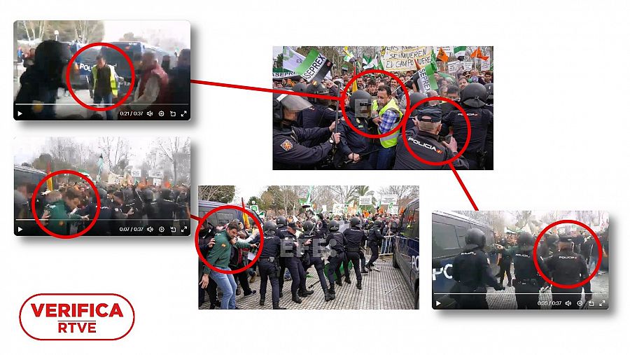 Comparativa de los elementos que se observan en el vídeo difundido en redes con las fotografías de la Agencia EFE de las protestas del 29 de enero de 2020 en Don Benito