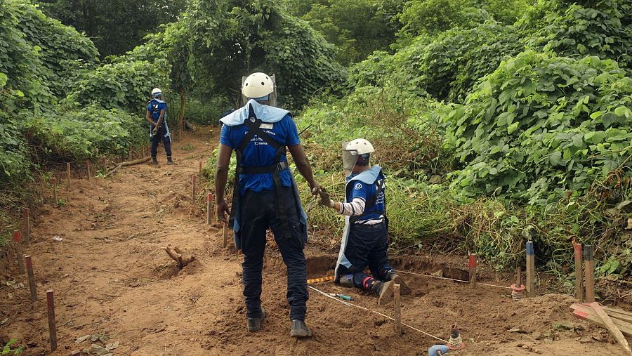 Una persona agachada y dos de pie en un campo selvático