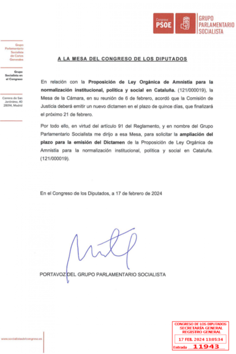 Escrit del PSOE demanant a la Mesa del Congrés ampliar el termini per tramitar la llei d'amnistia