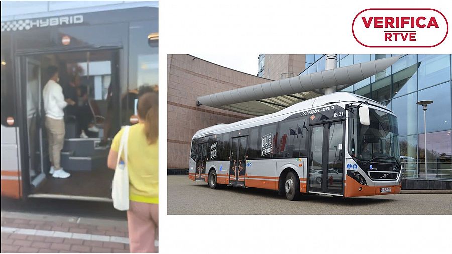 A la izquierda, captura del vídeo que presentan como si fuera en París. A la derecha, el mismo modelo de autobús de la empresa belga STIB que opera en Bruselas con sello VerificaRTVE