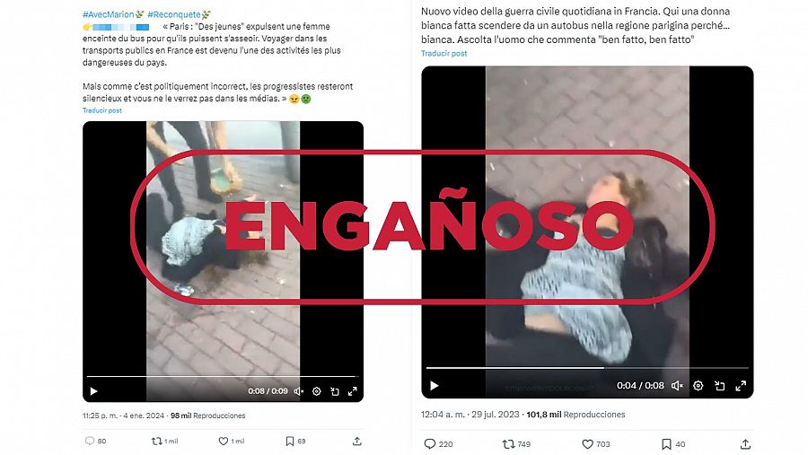 Mensajes engañosos que difunden el vídeo descontextualizado y lo presentan como actual en París con sello Engañoso