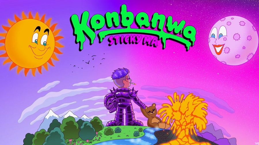 Portada del disco Konbanwa del artista Sticky M.A. Este tipo de ilustraciones y el uso de colores llamativos son comunes entre los artistas de hyperpop