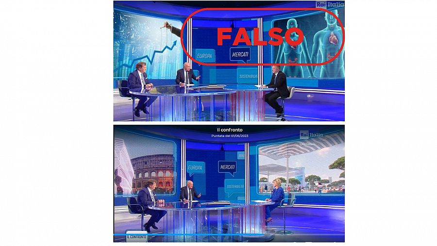 Abajo, fotograma real de la emisión de programa Il Confronto de RAI Italia. Arriba, imagen manipulada en la web fraudulenta con sello Falso