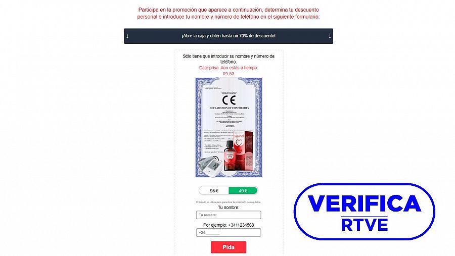 Captura de la página web donde piden datos para comprar el falso medicamento Insunol con sello VerificaRTVE