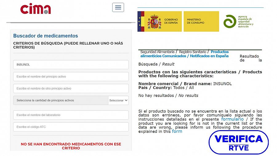 Imagen que muestra en la izquierda que Insunol no aparece como medicamento en el registro de la AEMPS y, en la derecha, el registro como suplemento alimenticio en la AESAN con sello VerificaRTVE