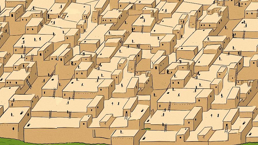 Ilustración del asentamiento neolítico de Catal Hüyük