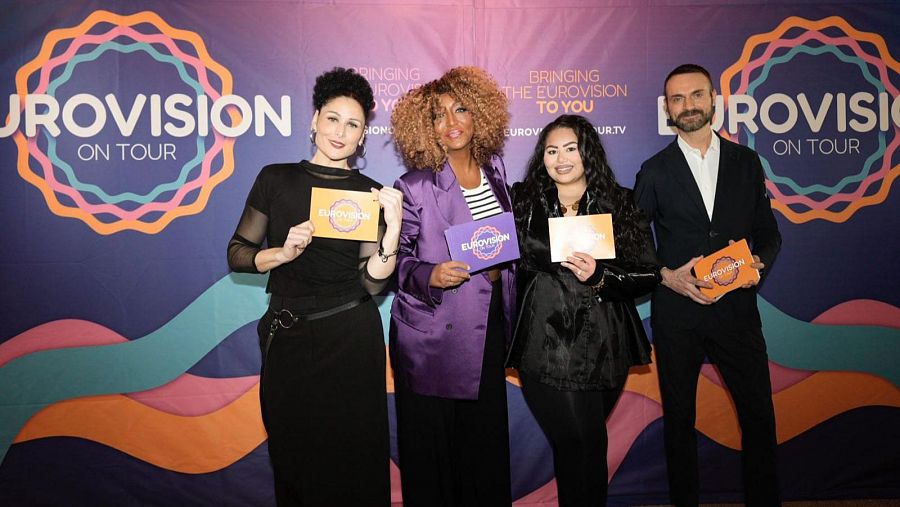 Rosa López, Senhit, Destiny y Oliver Grau en la presentación de 'Eurovision On Tour'