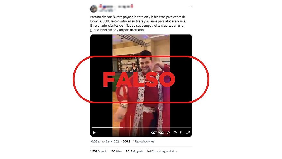 Mensaje de redes que comparte un vídeo manipulado con el rostro de Zelenski