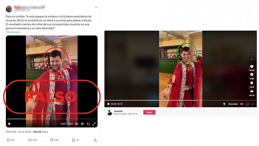 A la derecha, publicación de X que comparte el vídeo manipulado con el rostro de Zelenski. A la izquierda, vídeo original del hombre interpretando un baile oriental.