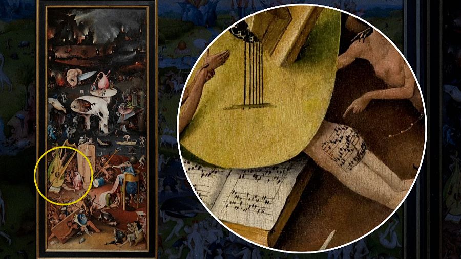 Detalle de la partitura encontrada en la nalga de un personaje del infierno de El Jardín de las Delícias