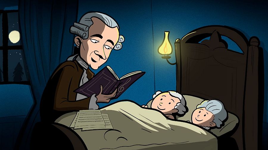 Ilustración del padre de Mozart transmitiendo formación musical a sus hijos desde muy pequeños