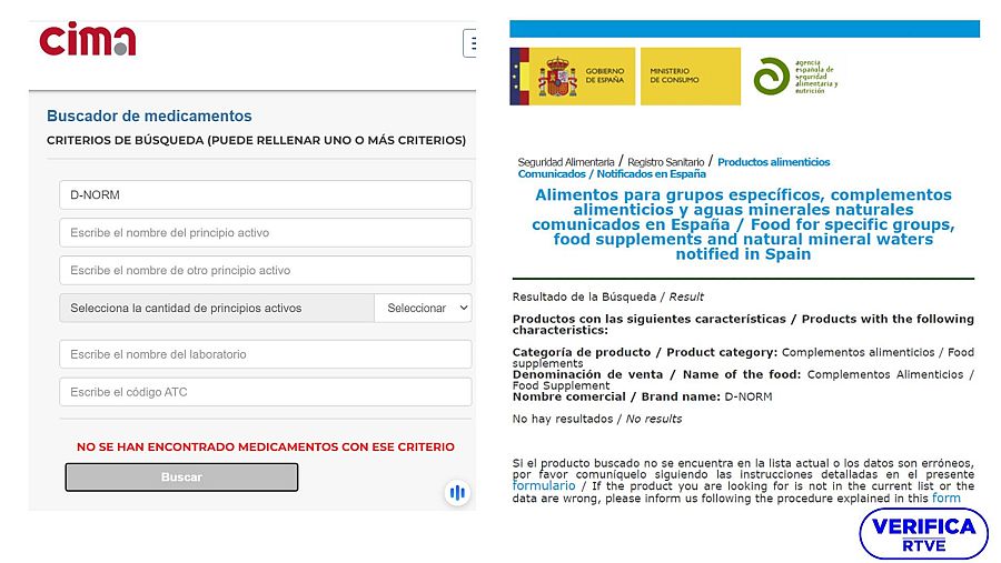 Imagen que muestra a la izquierda que D-NORM no aparece como medicamento en el registro de la AEMPS y, a la derecha, en el registro de la AESAN como suplemento alimenticio