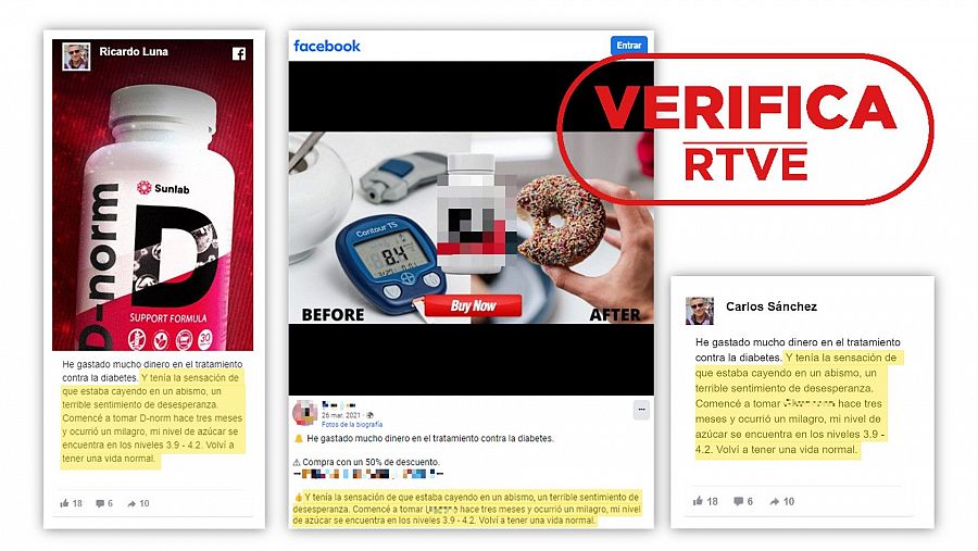 Mensajes replicados en publicaciones que promocionan otros productos fraudulentos que prometen curar la diabetes