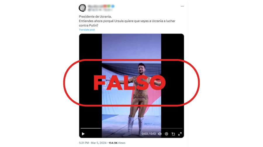 Mensaje de X que comparte un vídeo manipulado en el que se inserta digitalmente la cara de Volodímir Zelenski