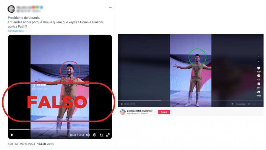 A la derecha, publicación de X que difunde el vídeo manipulado del presidente Zelenski. A la izquierda, el vídeo original publicado por el bailarín Pablo Acosta