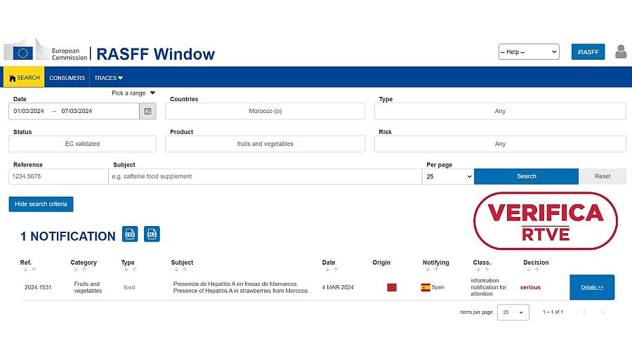 Captura del resultado del Sistema de Alerta Rápida para Alimentos y Piensos de la Unión Europea sobre frutas y vegetales procedentes de Marruecos