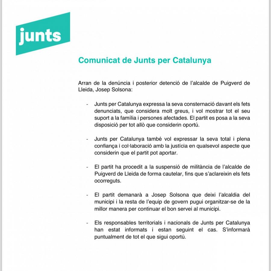 Comunicat publicat per Junts per Catalunya