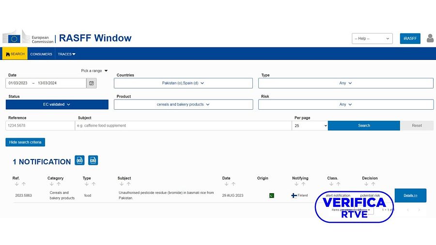 Captura del resultado del Sistema de Alerta Rápida para Alimentos y Piensos de la Unión Europea sobre cereales y productos de panadería de Pakistán