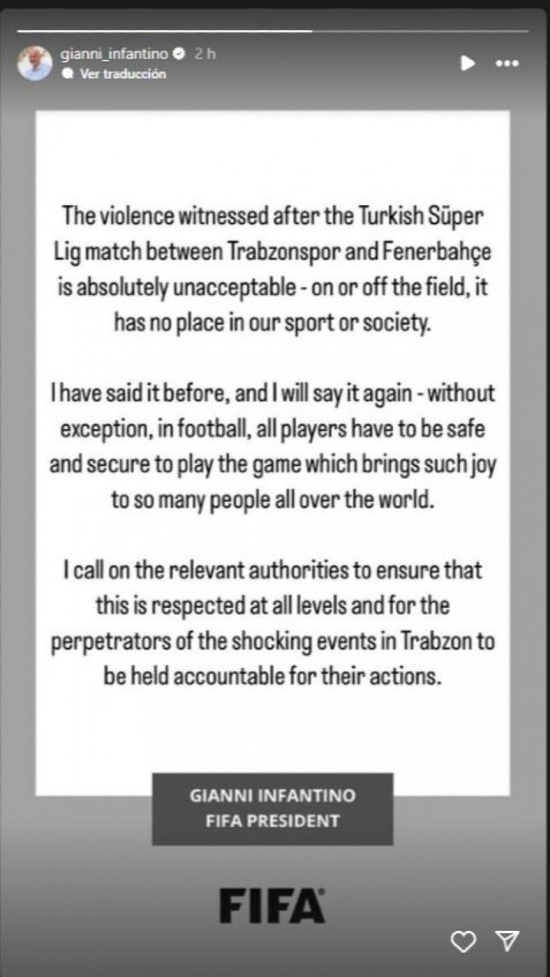Infantino lamenta los incidentes de los ultras del Trazbonspor
