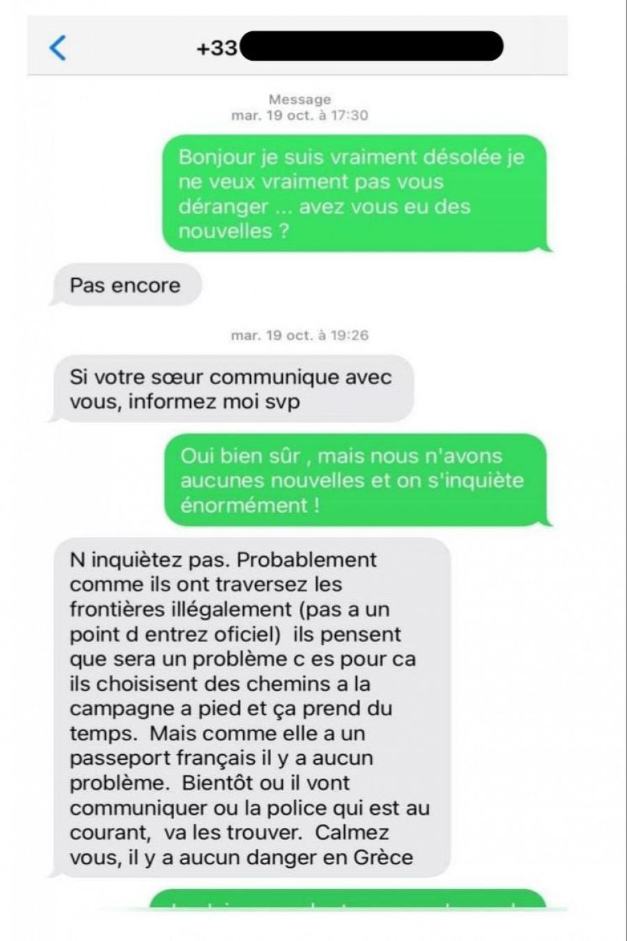 La hermana de Meryem se comunica con la Embajada de Grecia en París por Whatsapp