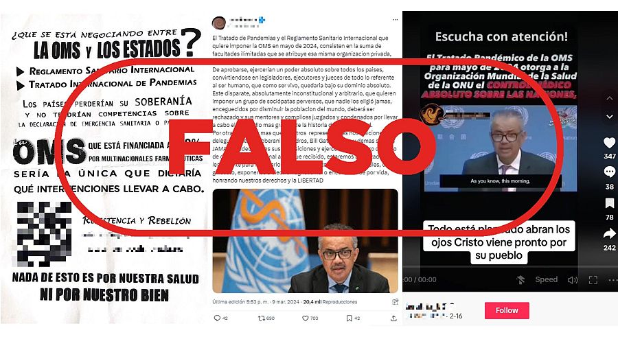 Mensajes que difunden la falsa idea de que el Tratado Internacional de Pandemias eliminará la soberanía de los países con sello Falso
