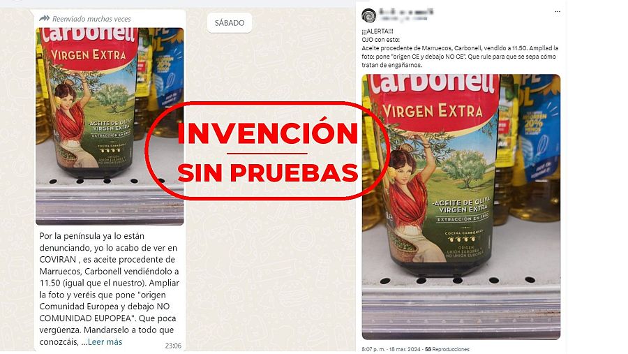 Mensajes que difunden sin pruebas que el aceite Carbonell procede de Marruecos con sello Invención sin pruebas