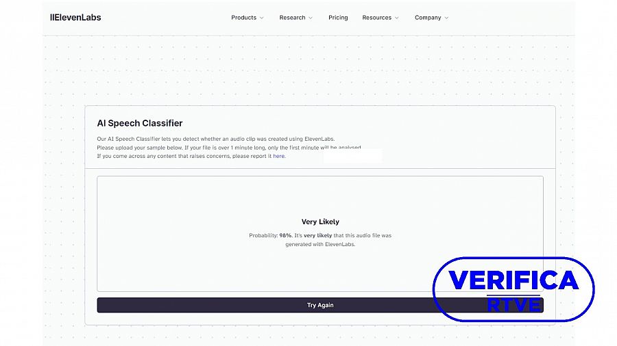 Resultado que ofrece el comprobador de audio de ElevenLabs sobre el vídeo manipulado