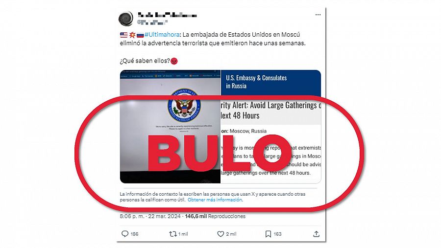 Mensaje de X que difunde el bulo de que la Embajada de Estados Unidos ha retirado la alerta de seguridad por atentado en Moscú que publicó el 7 de marzo