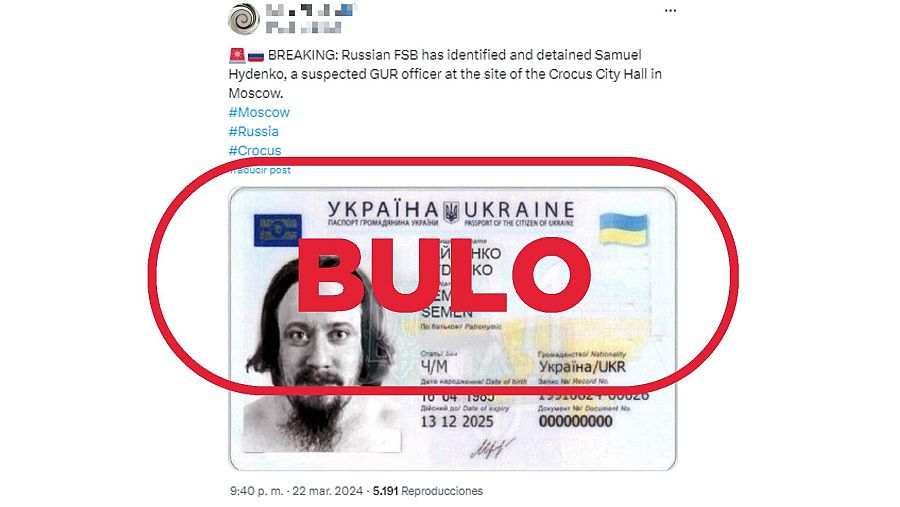 Mensaje de X que difunde el bulo de que este pasaporte pertenece a uno de los soldados ucranianos implicados en el atentado de Moscú
