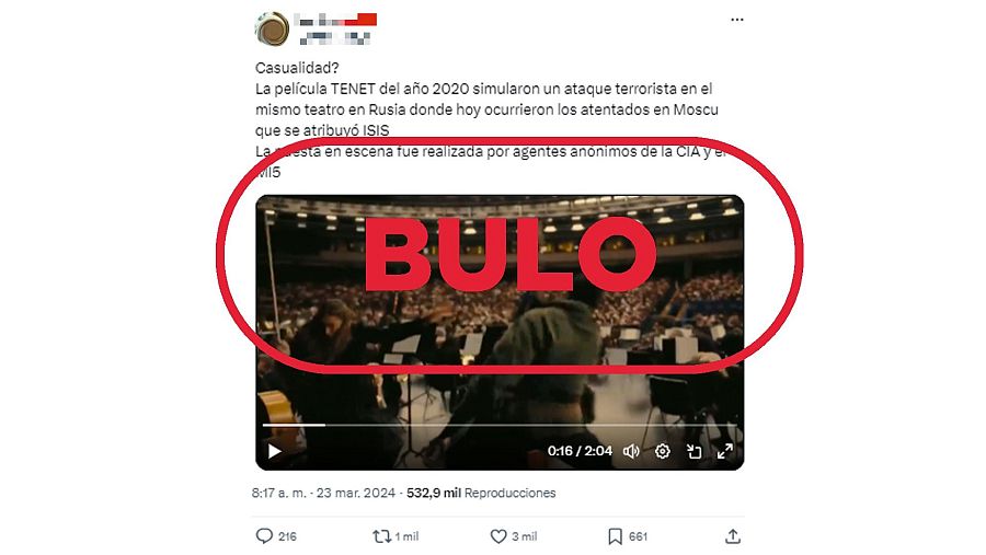 Mensaje de X que difunde el bulo de que el teatro que aparece en la película Tenet es el mismo que el del atentado en Moscú