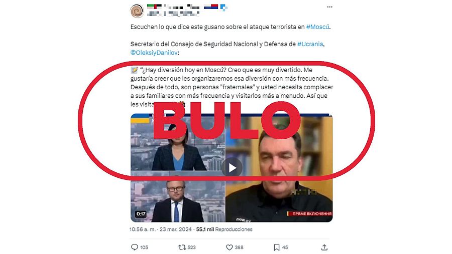 Mensaje de X que difunde un montaje de un alto cargo ucraniano para difundir la falsa idea de que este vídeo demuestra la implicación de Ucrania en el atentado