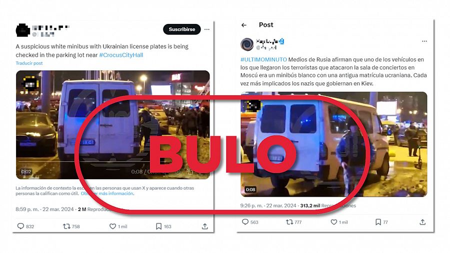 Mensajes de X que comparten un vídeo de una furgoneta situándola en las inmediaciones del atentado en el Crocus City Hall para difundir el bulo de que tiene matrícula de Ucrania