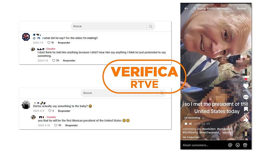 Imagen y comentarios del vídeo que difunde la usuaria de TikTok autora del vídeo con Joe Biden y su bebé