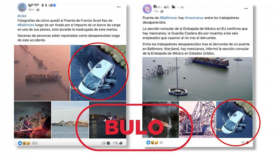 Mensajes de redes que asocian falsamente la imagen de un coche hundido con el derrumbe del puente Francis Scott Key en Baltimore