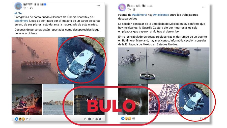 Mensajes de redes que asocian falsamente la imagen de un coche hundido con el derrumbe del puente Francis Scott Key en Baltimore