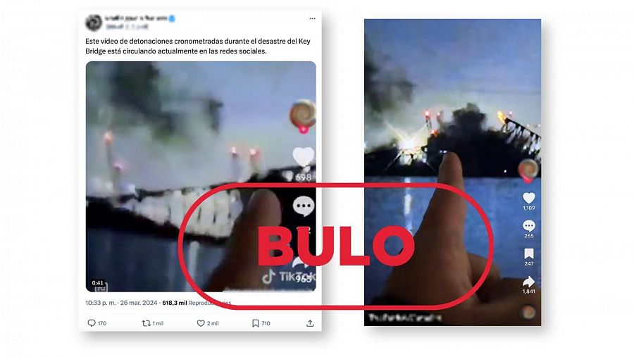 Mensaje de X y vídeo de TikTok que difunden el bulo de que hubo detonaciones en el colapso del puente de Baltimore