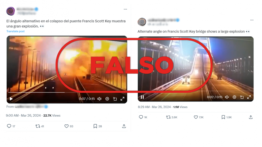Mensajes que difunden un vídeo de una explosión en Crimea en 2022 y lo presentan como si correspondiera al reciente hundimiento del puente de Baltimore