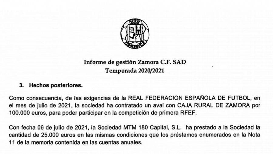 Últimos datos económicos del Zamora C.F. (de 2021) con préstamos de las sociedades del 'caso Koldo'