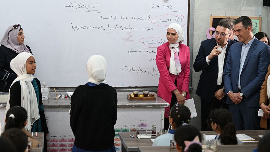 Sánchez en su visita al campo de refugiados Hussein de la UNRWA en Jordania.