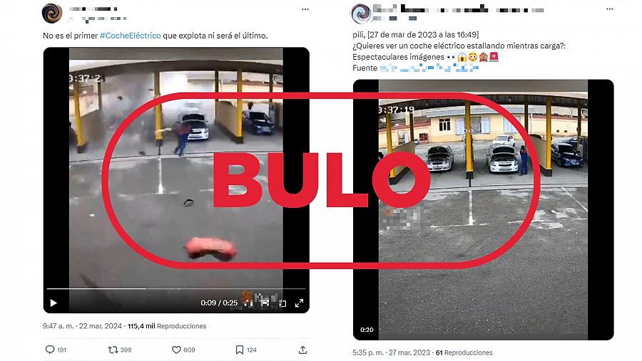 Mensajes de X que difunden la falsa idea de que este vídeo muestra la explosión de un coche eléctrico mientras se cargaba