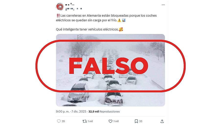 Mensaje de X que difunde la falsa idea de que esta fotografía muestra una carretera alemana bloqueada por coches eléctricos sin batería debido al frío