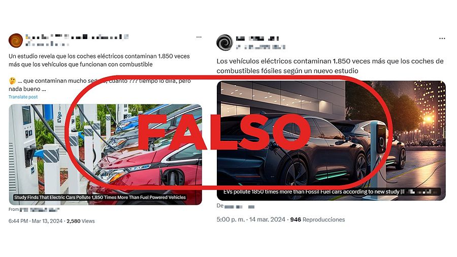 Mensajes de X que difunden la falsa idea de que los coches eléctricos contaminan 1.850 veces más que los de gasolina