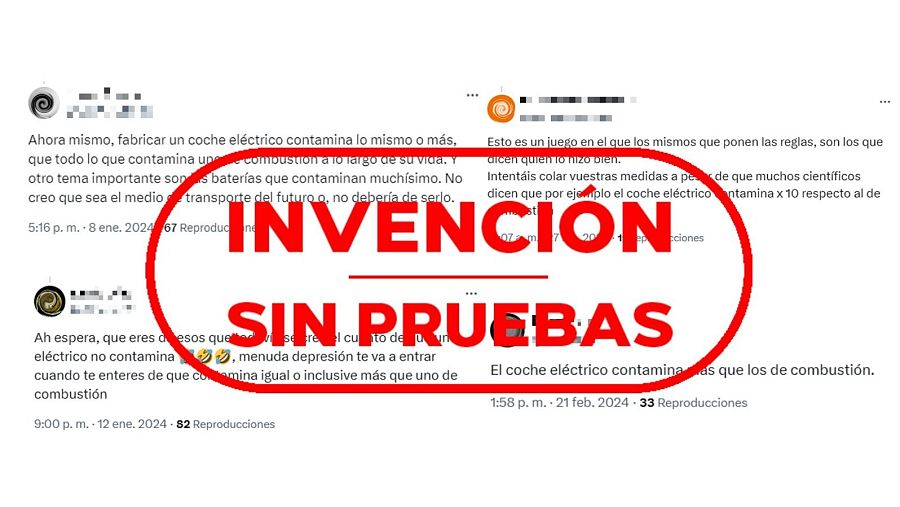 Mensajes de X que difunden sin pruebas que los coches eléctricos contaminan más que los de combustión con sello Invención sin pruebas