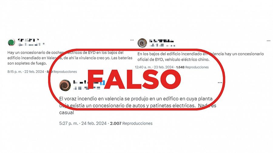 Mensajes de X que difunden la falsa idea de que el incendio de Valencia se originó en un concesionario de coches eléctricos con sello Falso