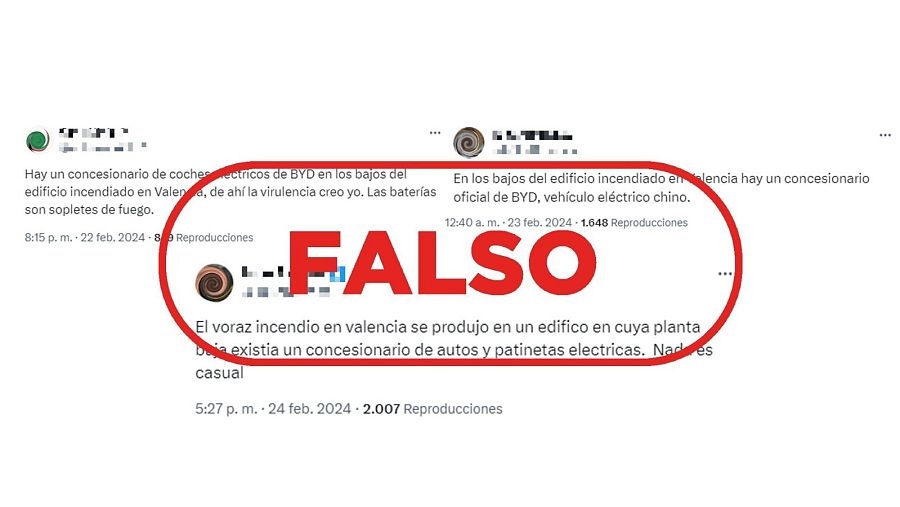 Mensajes de X que difunden la falsa idea de que el incendio de Valencia se originó en un concesionario de coches eléctricos con sello Falso