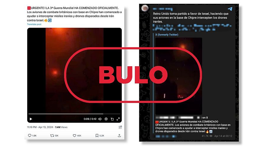 Mensajes de redes que difunden la falsa idea de que este vídeo muestra aviones británicos interceptando drones iraníes