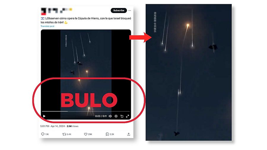 Mensajes de redes que difunden la falsa idea de que este vídeo muestra la Cúpula de Hierro de Israel bloqueando misiles iraníes